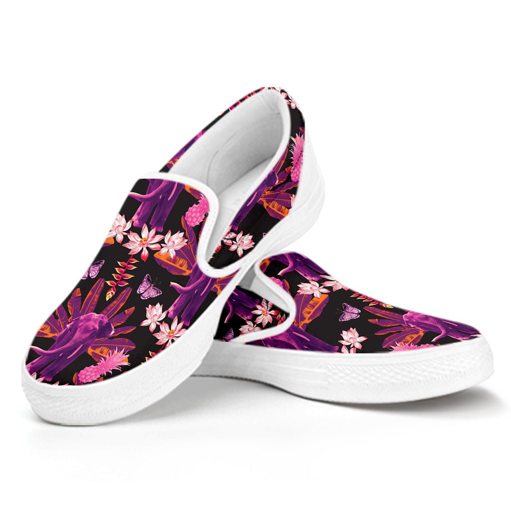 Purple Tropical Elephant Pattern Print White Slip On Shoes