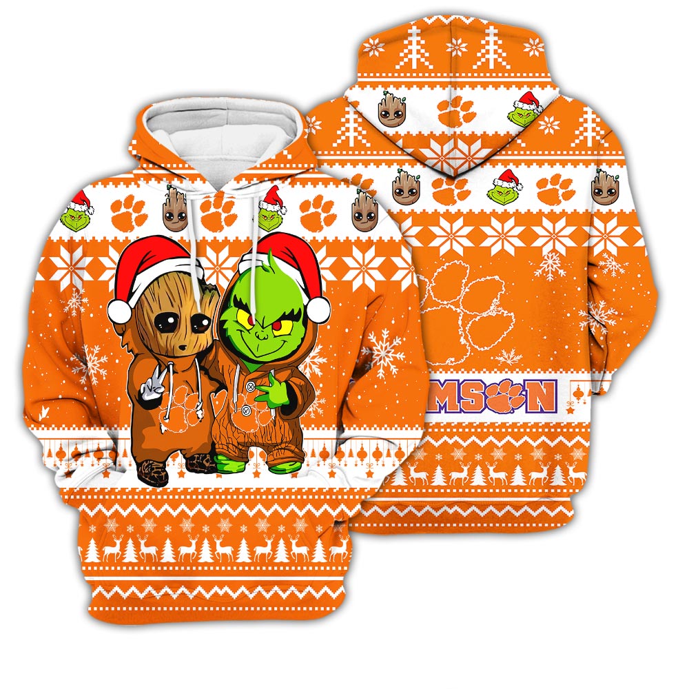 Clemson Tigers Baby Groot And Grinch Best Friends Football American Ugly Christmas Sweater New Trends For Fans Club Gifts Unisex 3D Hoodie