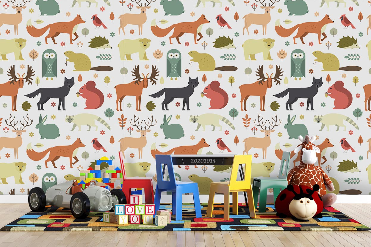 3D Cartoon Cute Animal Fox Wolf Rabbit Pattern Wall Mural Wallpaper Wj 5034