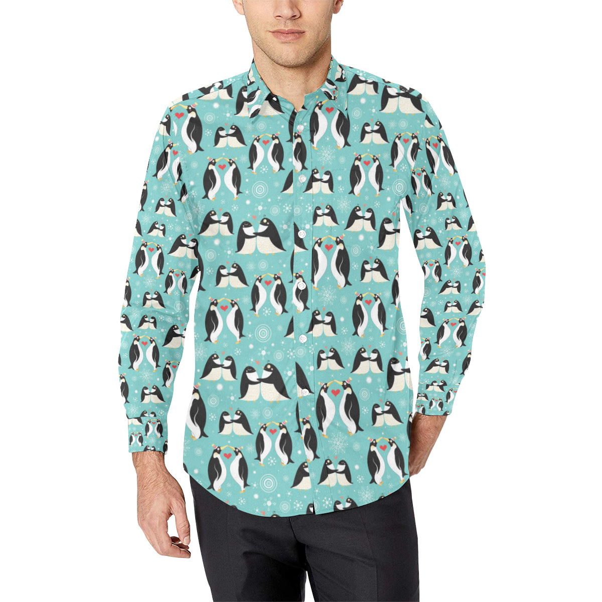 Penguin Love Print Long Sleeve Dress Shirt