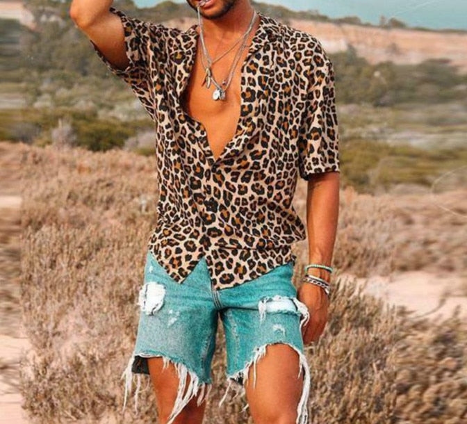 New Fashion Men’s Short Sleeve Leopard Print Shirts