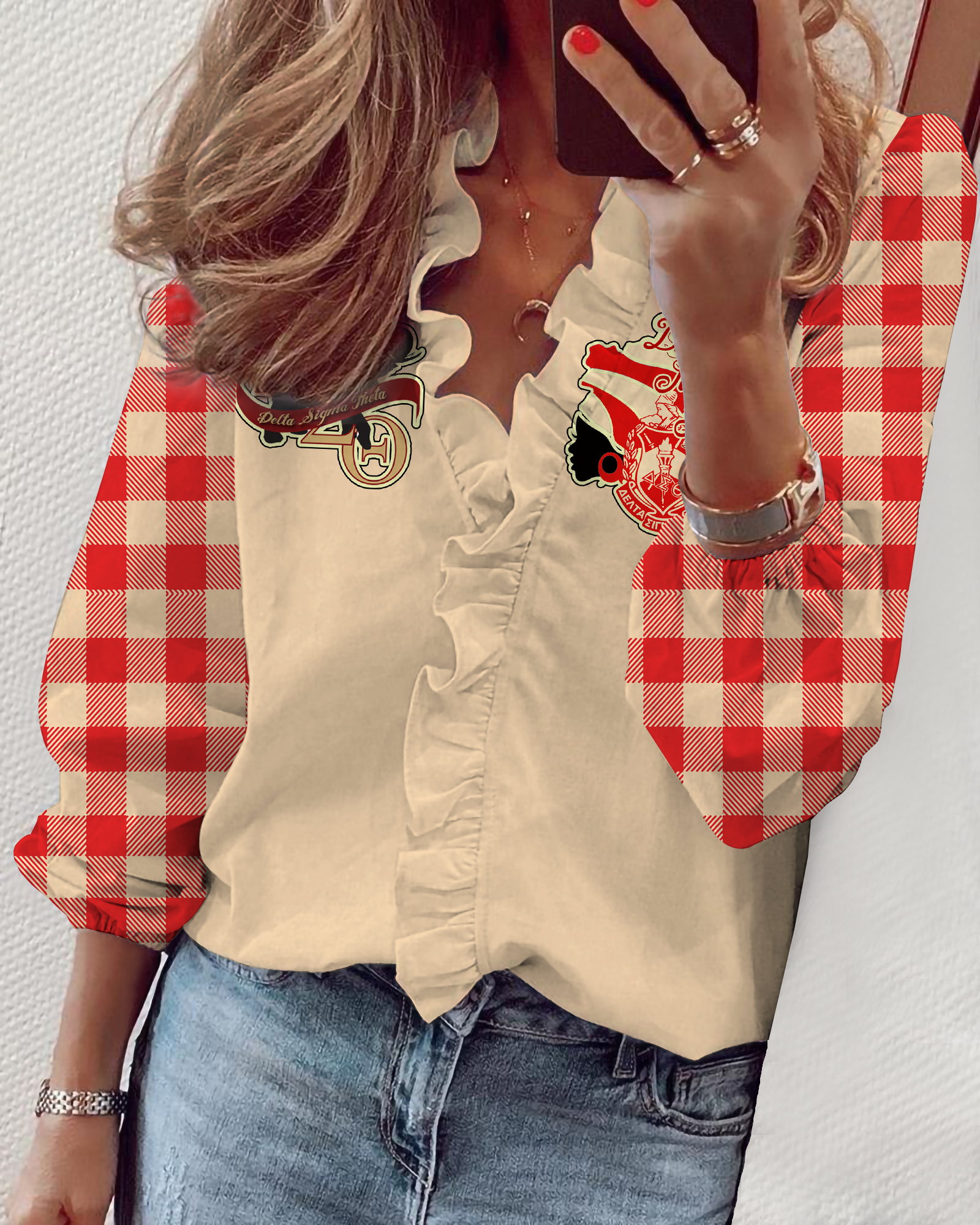 Delta Sigma Theta V-Neck Long Sleeve Lace Shirt 06