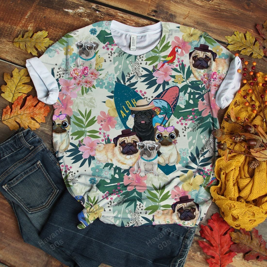 Pug T-shirt Hawaii Floral