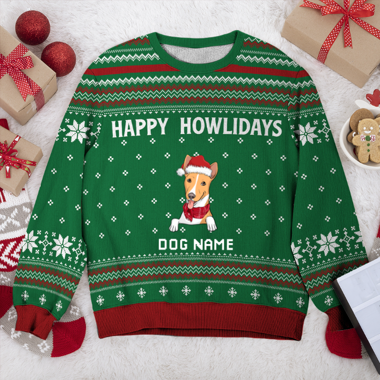 Basenji Happy Howlidays Personalized Sweater, Dog Ugly Christmas Sweater