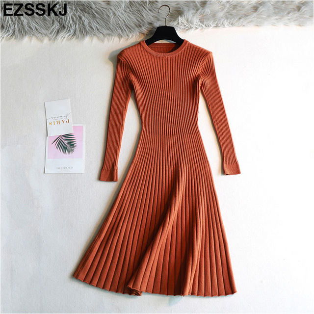 Woman elegant Autumn Winter sweater Dress Solid Women long Thick Dress Sweater Full Sleeve long A-Line robe Knit Dress alx