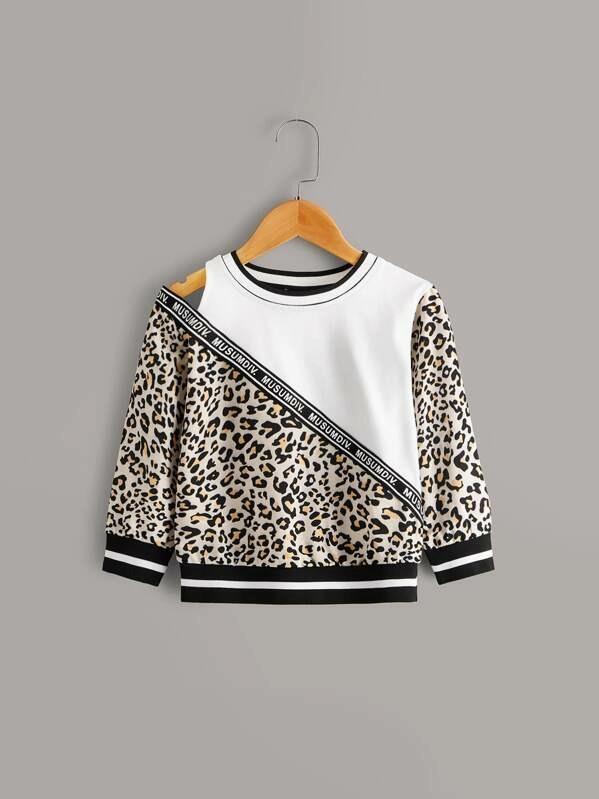 Toddler Girls Contrast Leopard Panel Letter Tape Sweatshirt