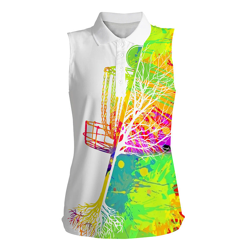 Womens Disc Golf Sleeveless Polo Shirt Watercolor Disc Golf Basket, Disc Golf Shirts