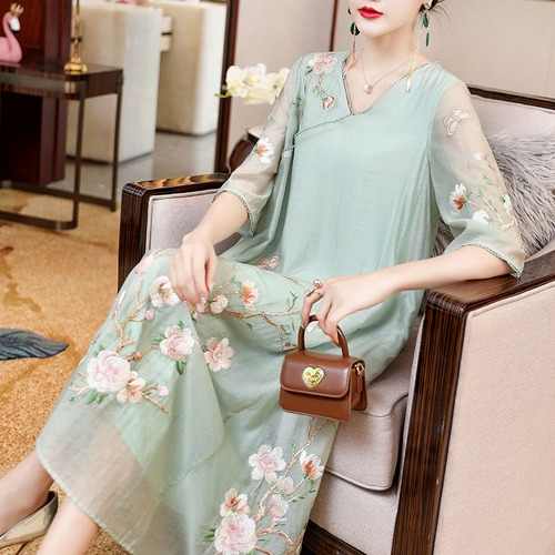 Improved Hanfu Floral Embroidery Half Sleeve V-Neck Patchwork A-line Midi Dress Women Chinese Style Vintage Loose Casual Dresses alx