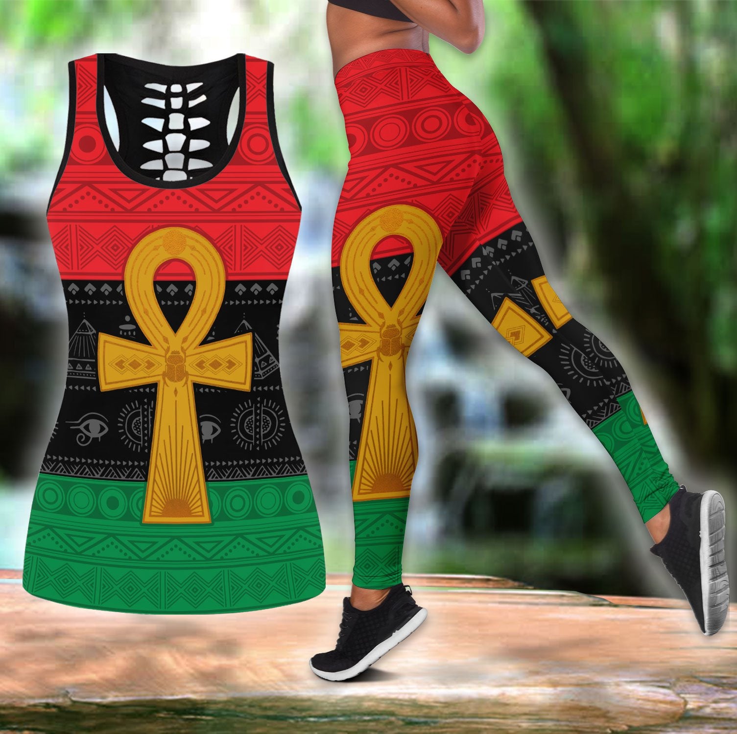 3D African Pan African Ankh Pan Africanism Combo Hollow Tank & Legging Outfit 131