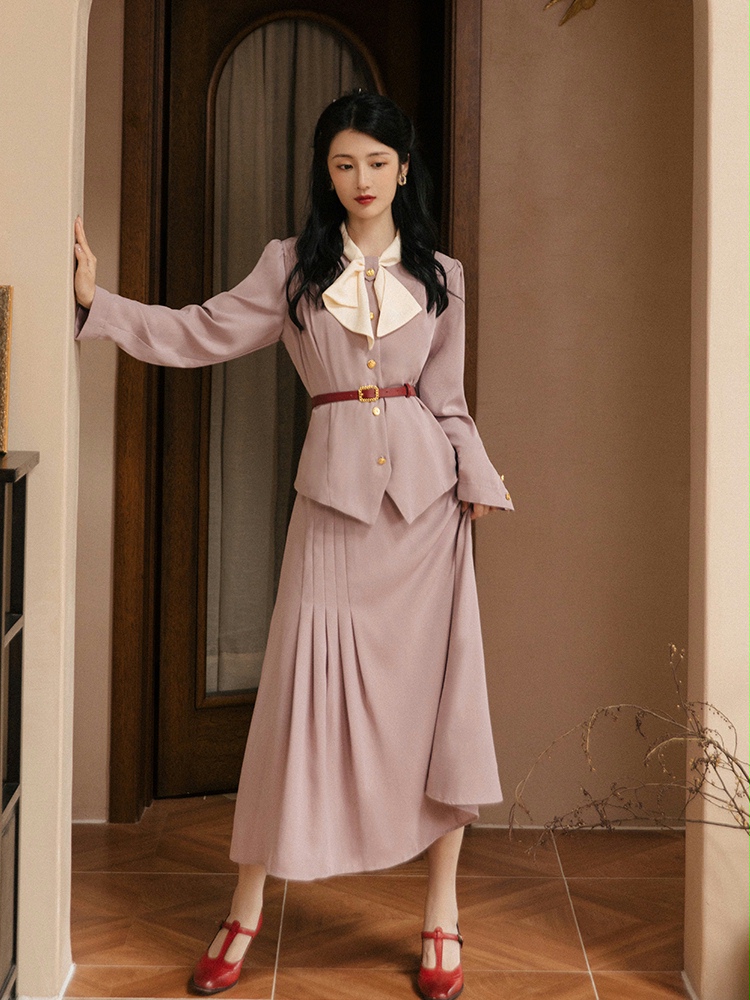 SWEETXUE Retro Chic Fashion OL Suit Lady Bow Temperament Single-breasted Blouse + Pleated Long Skirt Women’s 2-Piece Set alx