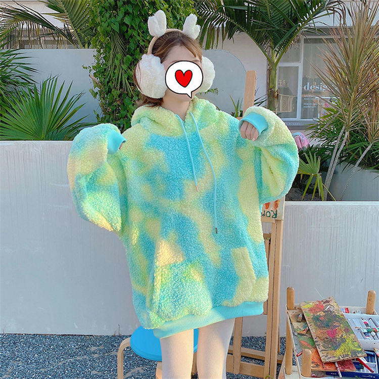 Winter Rainbow Kawaii Fur Hoodies Women Warm Sweet Oversized Hoodie Female Harajuku High Street Korean Sweatshirt Women New 2021 alx