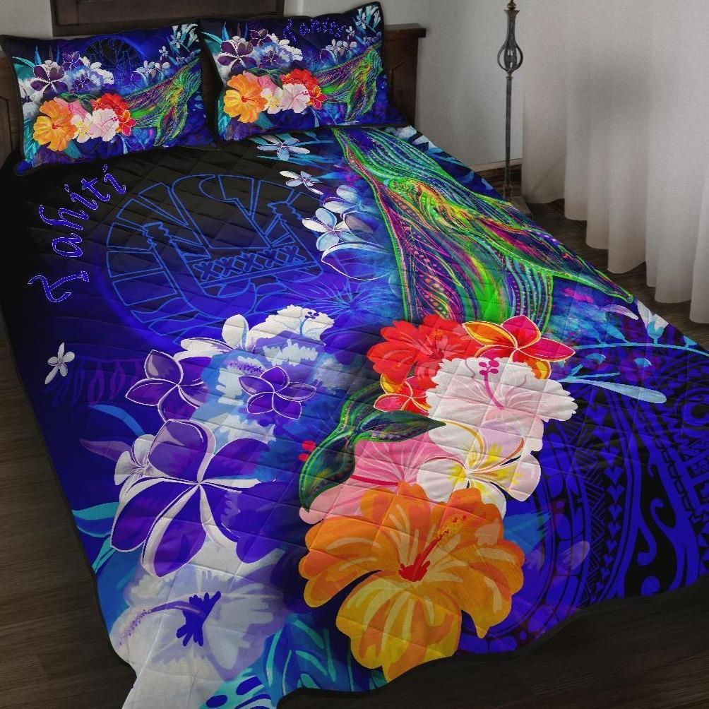 Alohawaii Home Set – Quilt Bed Set Tahiti – Humpback Whale With Tropical Flowers (Blue)- Bn18