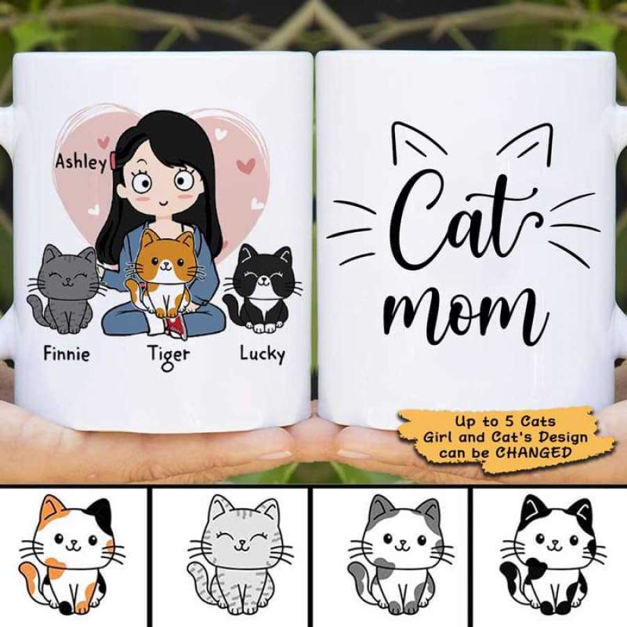 Cat Mom Chibi And Sitting Cat Personalized Coffee Mug