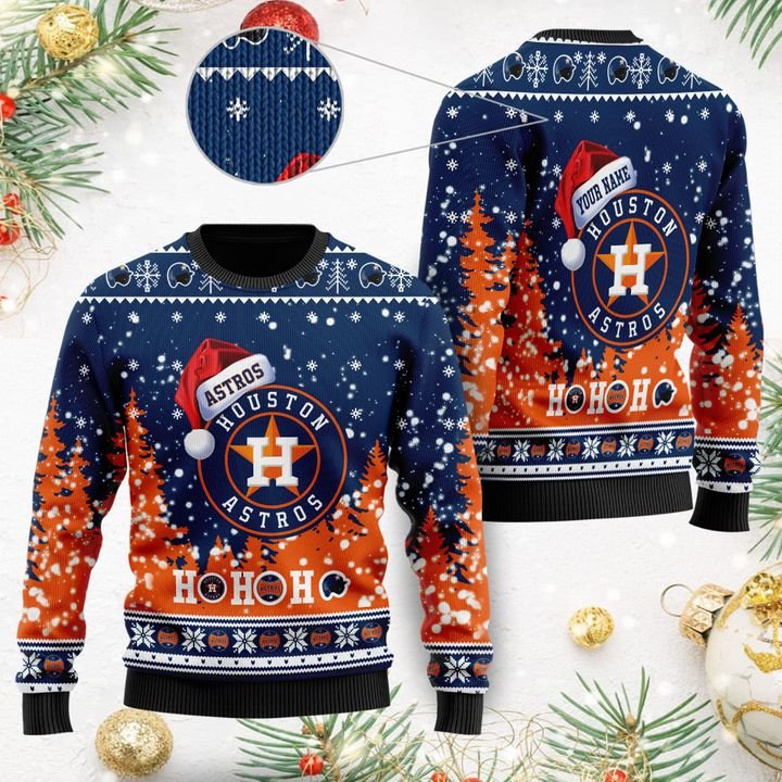 Houston Astros Custom Name Santa Claus Hat Ho Ho Ho Gift For Fan Ugly Wool Sweater Christmas