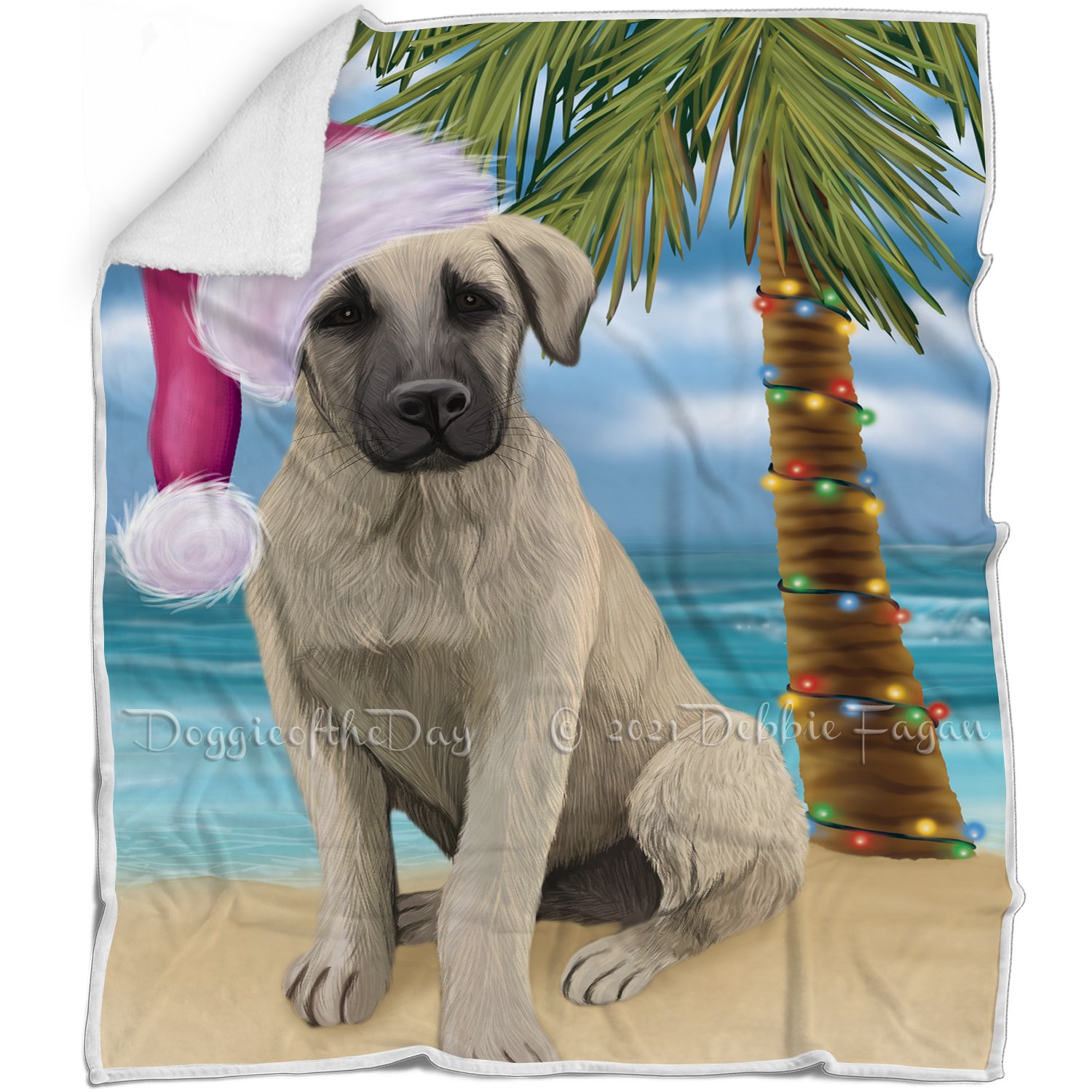 Summertime Happy Holidays Christmas Anatolian Shepherd Puppy Dog On Tropical Island Beach Blanket D107