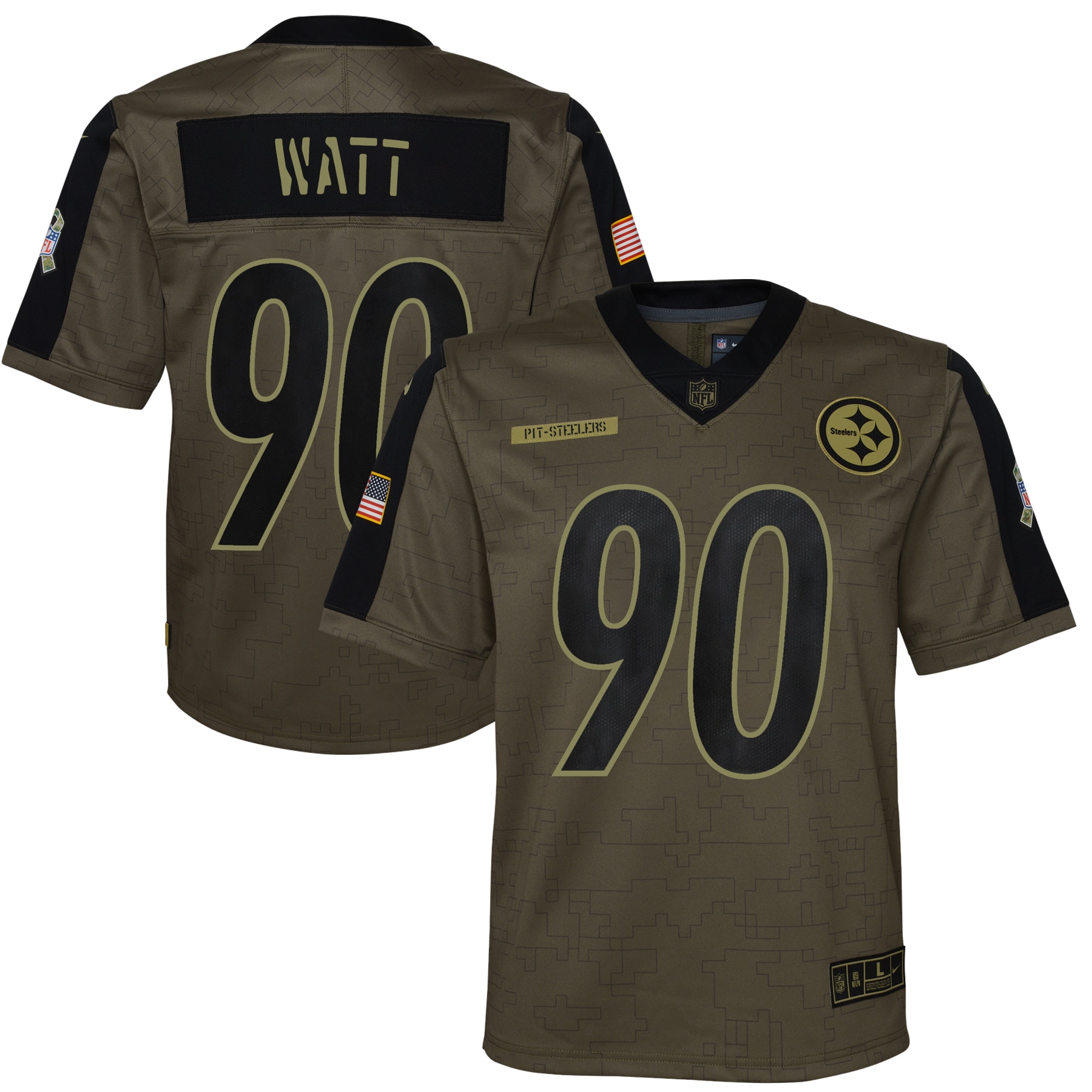 Youth Pittsburgh Steelers T.J. Watt Olive 2021 Salute To Service Game Jersey