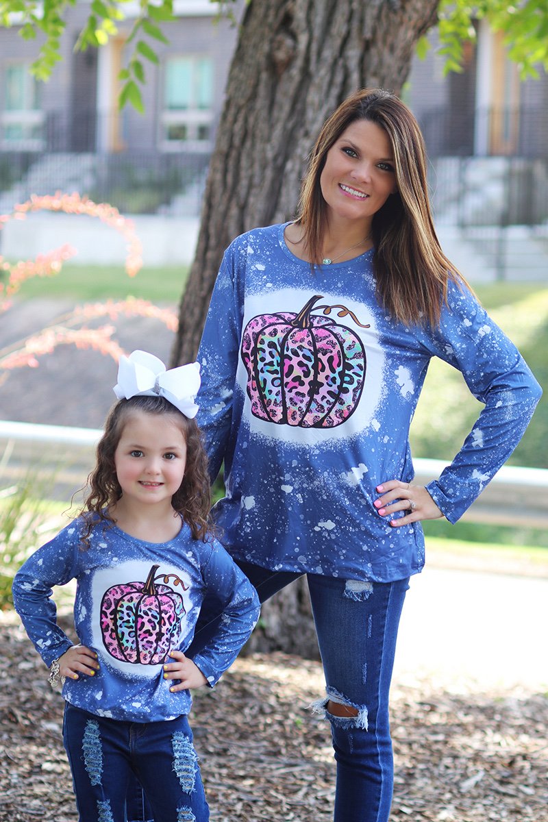 Sale Mommy & Me Baby Youth Leopard Pumpkin Fall Long Sleeve Bleach Dye T Shirt