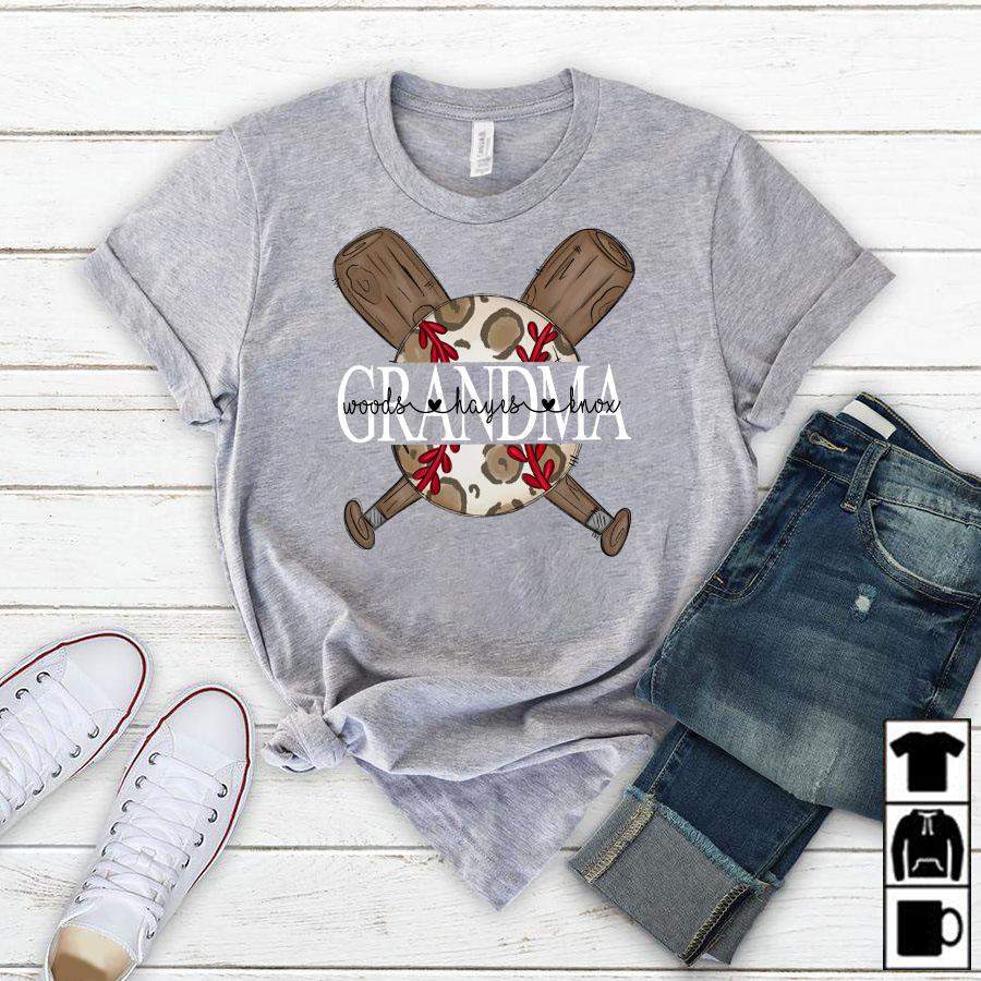 Namashops Personalized Grandma Baseball Leopard, Custom Names Shirt