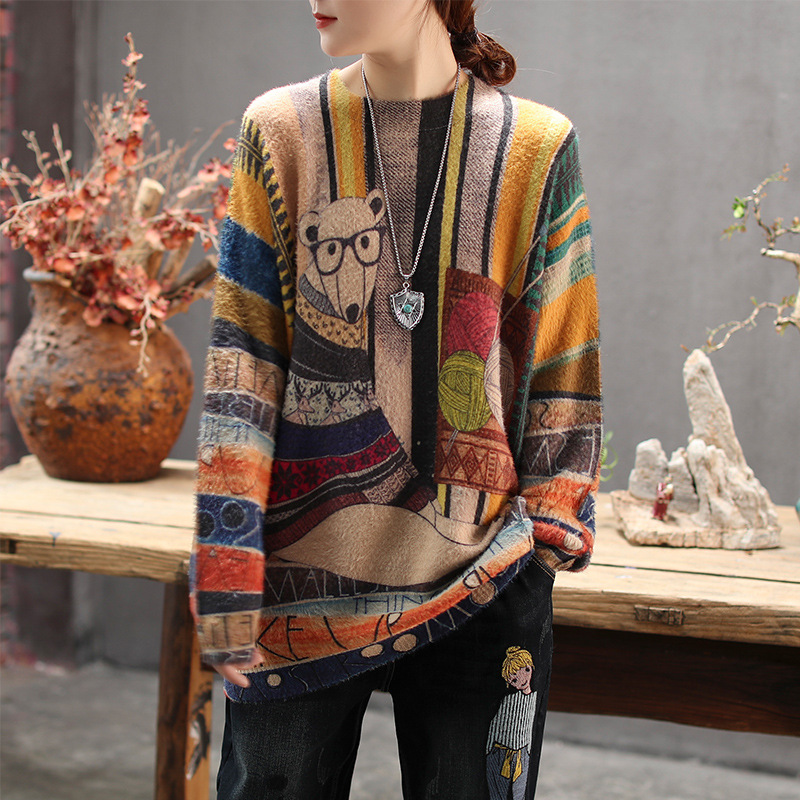 2022 Spring Autumn Sweater Women Knitting Loose Pullovers New Ladies Tops O-Neck Print Character Casual All-match Sweater alx