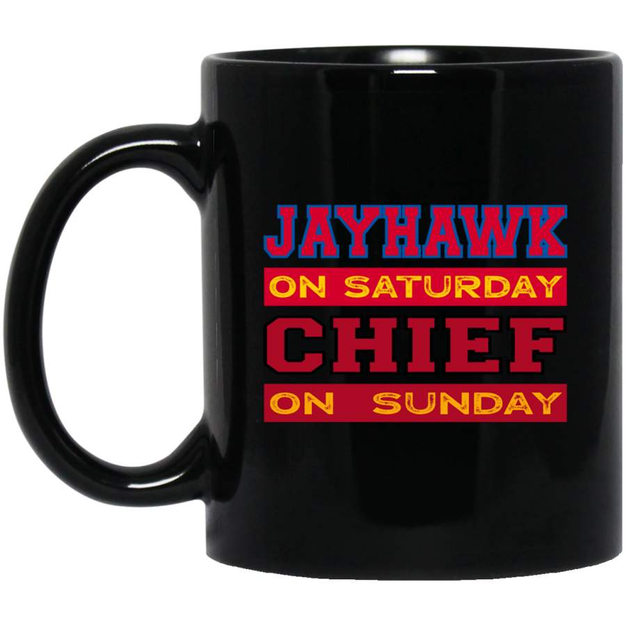 Jayhawk on Saturday Chief on Sunday Kansas City Football Pullover Black Mug