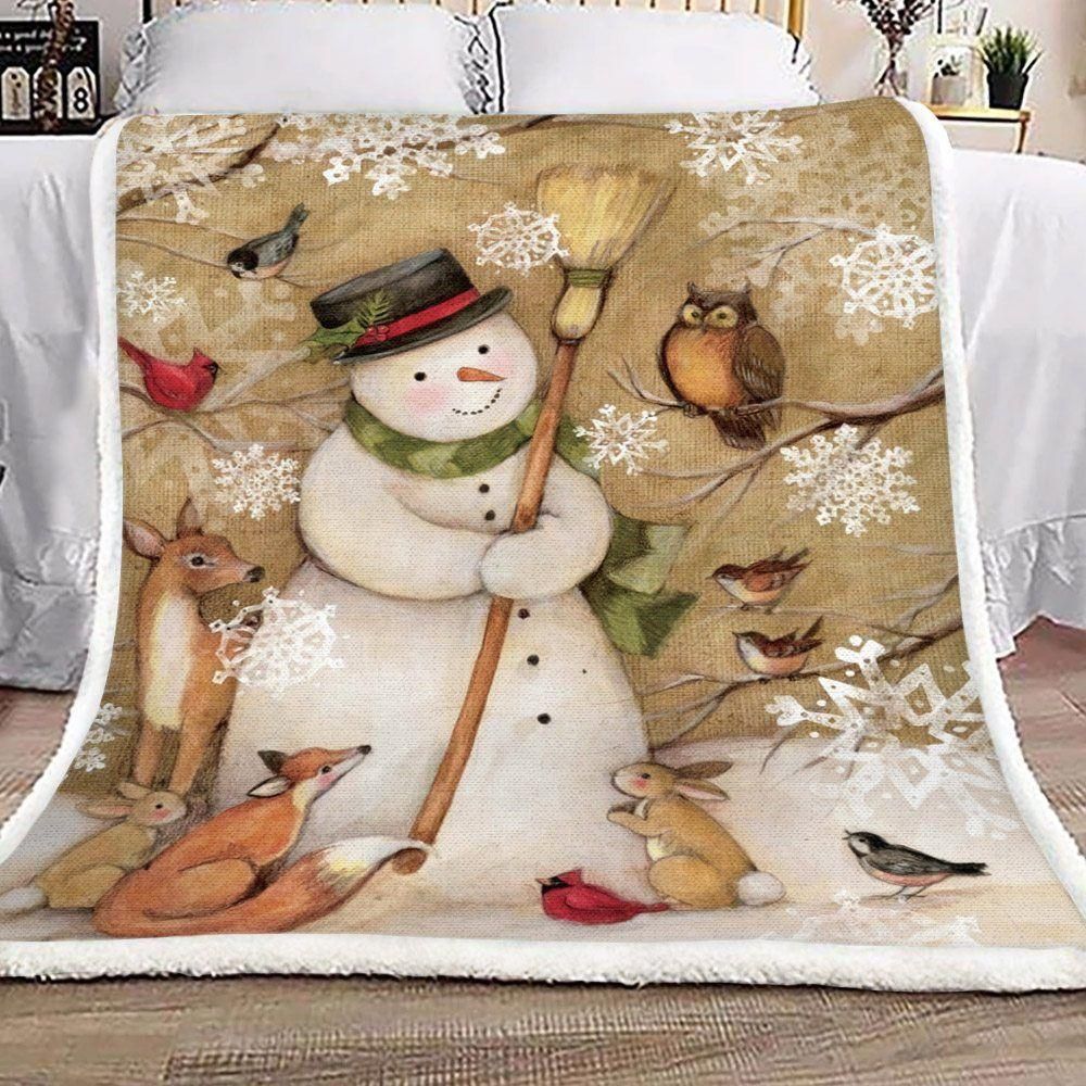 Snowman And Animals Pattern Printed    Fleece Sherpa Blanket