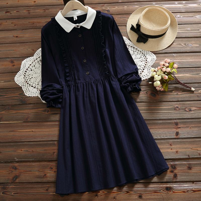 Vestidos Verano 2019 Blue Pink Japan Style Mori Girl Sweet Dress Women Ruffles Long Sleeve Cotton Linen Vintage Dresses alx