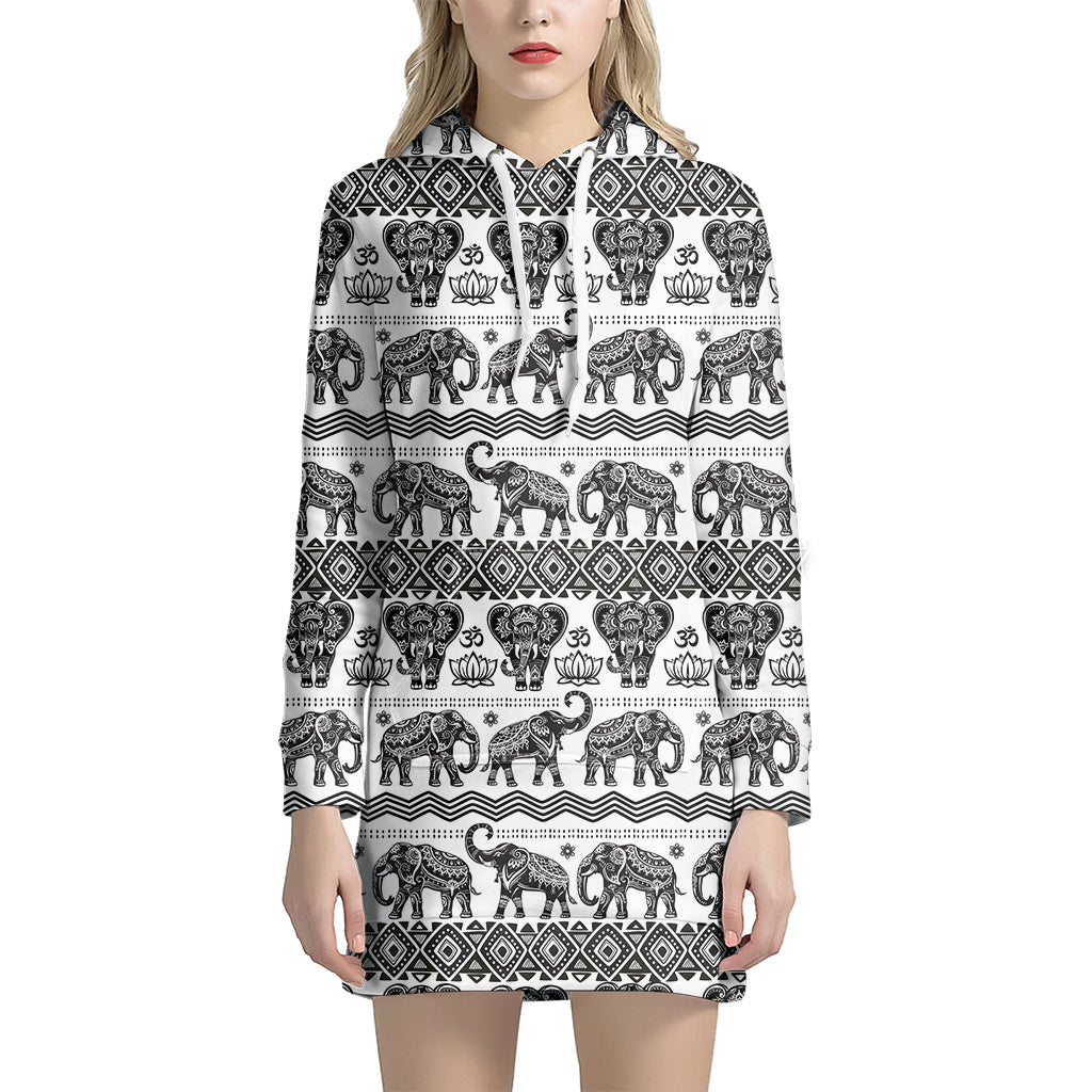 White And Black Indian Elephant Print Women’S Pullover Hoodie Dress