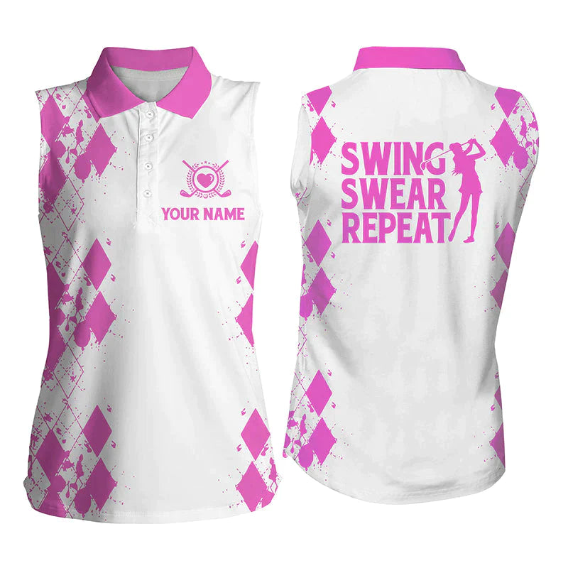 Womens Sleeveless Polo Shirt, Custom Name Swing Swear Repeat White Golf Shirt, Golfing Gifts