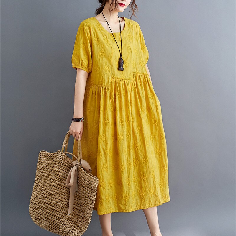 Uego original design Embroidery Floral Loose Summer Dress Cotton Linen Jacquard Holiday Casual Dress Women Midi Dress alx