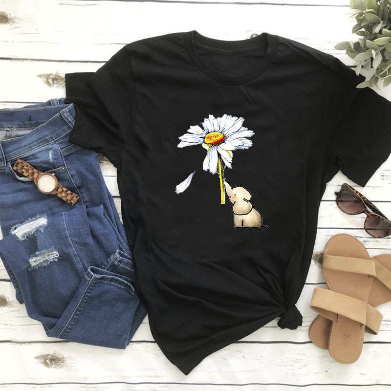 Cartoon Elephant Daisy Print T Shirt Women Short Sleeve O Neck Loose Tshirt Summer Women Tee Shirt Tops Camisetas Mujer alx