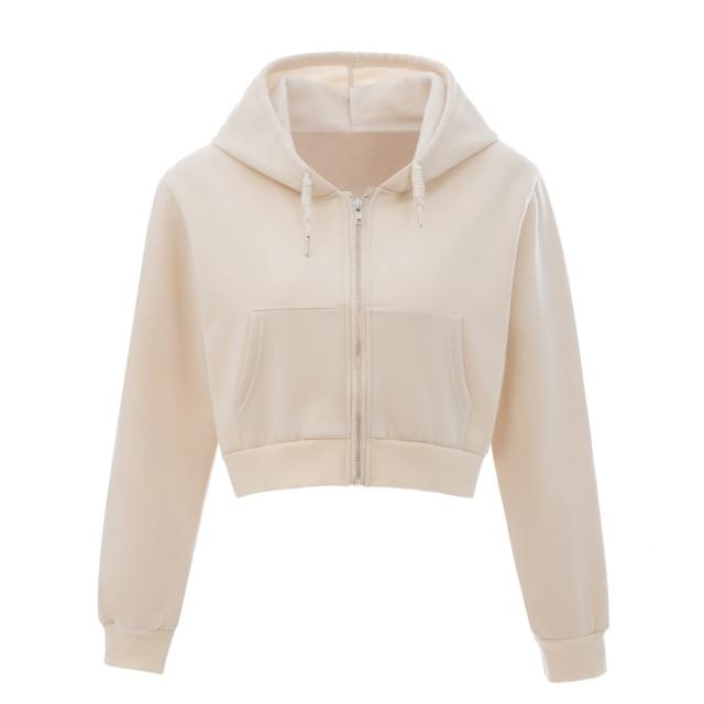 Solid Color Cropped Zip Up Soft Hoodies