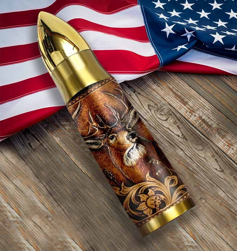 Bullet Tumbler Deer Hunting Water Bottle Stainless Steel Christmas Gifts – Deer Hunting Wood Carving Pattern Men Tumbler – Gobt0050