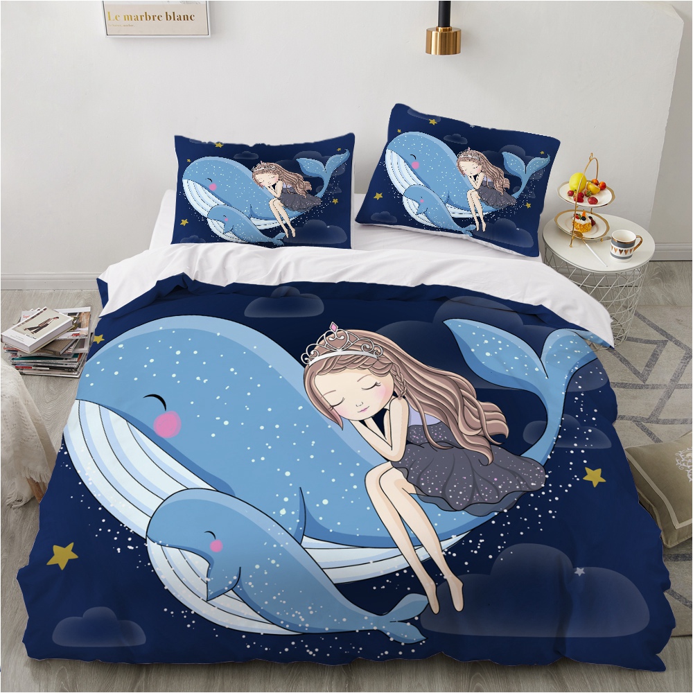 Caroon Whale With Duvet Cover Set Bedspreads Bedding Set Blue Bedclothes Twin Full Queen Bed Cover