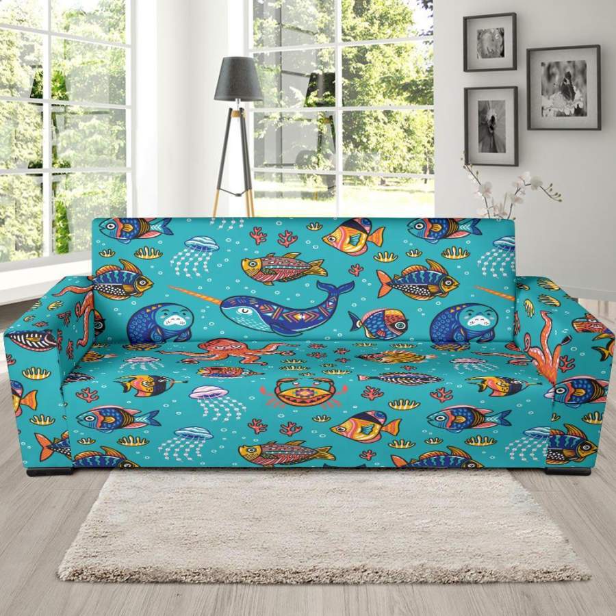 Manatee Whale Fish Octopus Pattern Print Sofa Covers