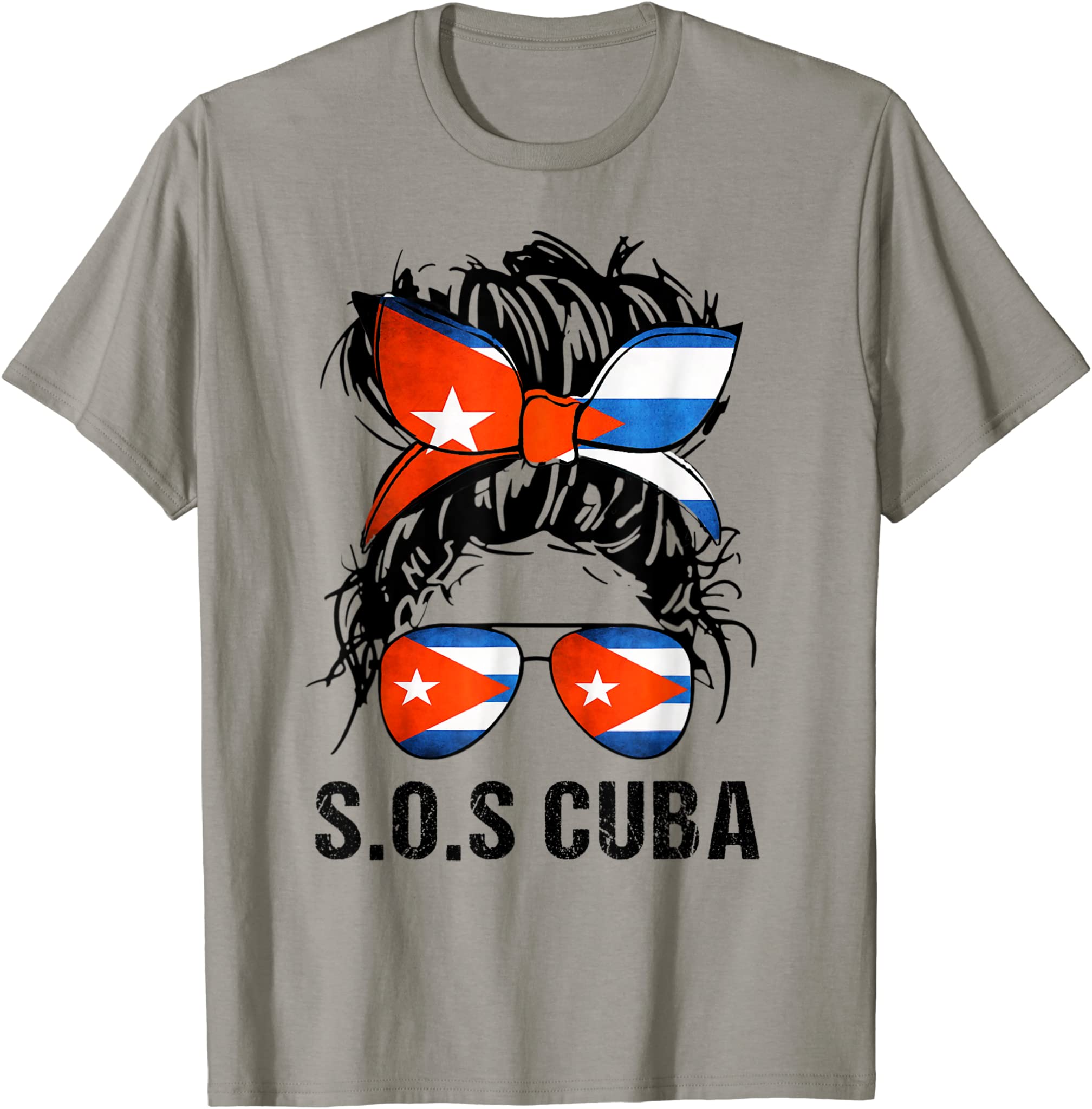 Messy Hair Woman Bun Sos Cuba Flag Free Cuba T-Shirt