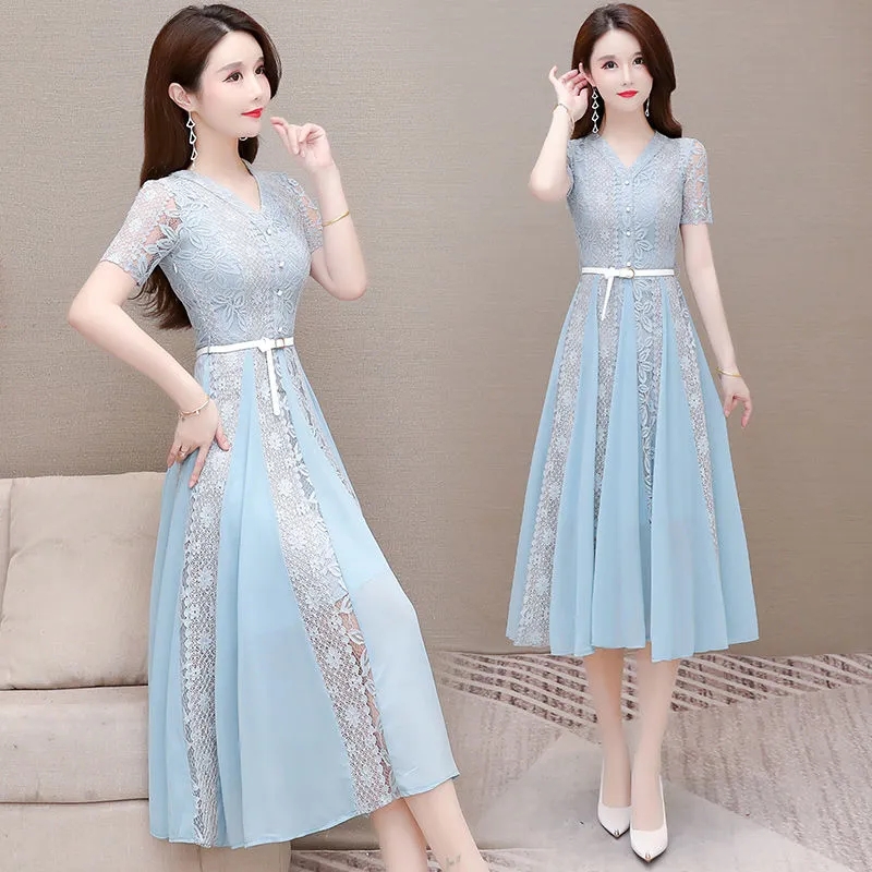 Summer Dress High-end Chiffon Dress Women’s 2022 New Lace-up Slim High-End Fashion Mid-Length Lace Dress Party Blue Yellow M-5XL alx