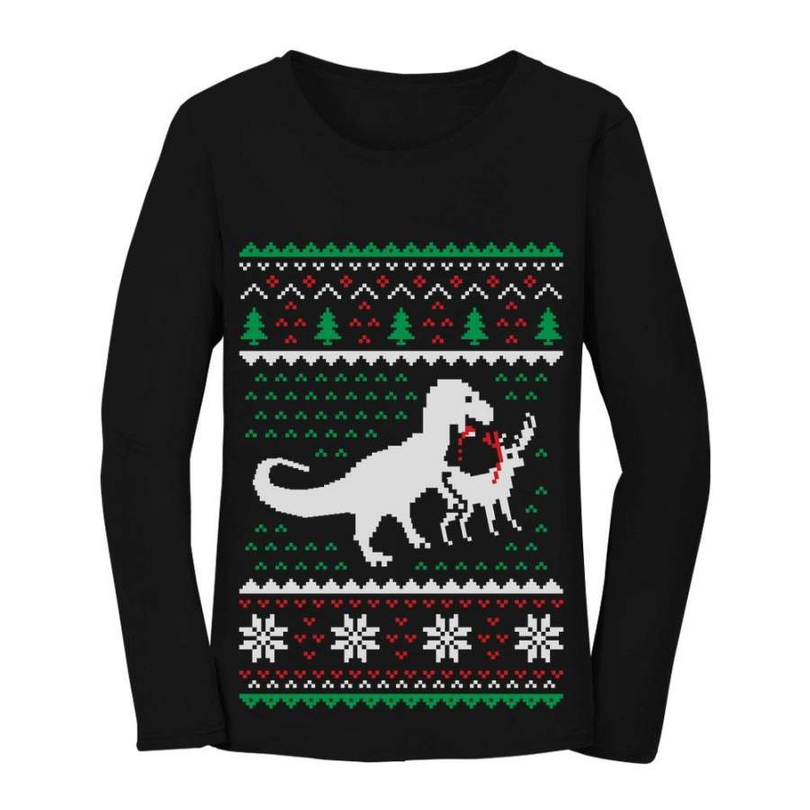 Ugly Christmas Sweater T-Rex VS Reindeer Funny Gift Women Long Sleeve T-Shirt