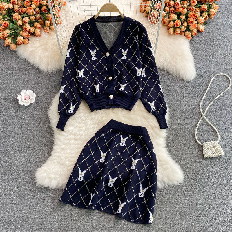 Small Fragrance Vintage Knit Two Piece Set Women Sweater Cardigan Coat Crop Top + Mini Skirts Sets Fashion Casual 2 Piece Suits alx