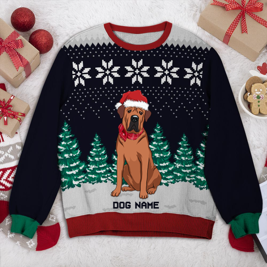 Tosa Dog And Christmas Tree Personalized Sweater, Dog Ugly Christmas Sweater