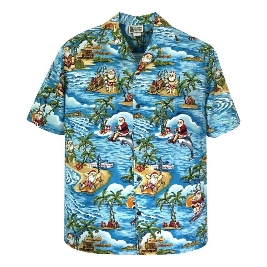 Funny Santa Claus Surfing Dolphin Summer Hawaiian Aloha Shirts Aloha Shirts