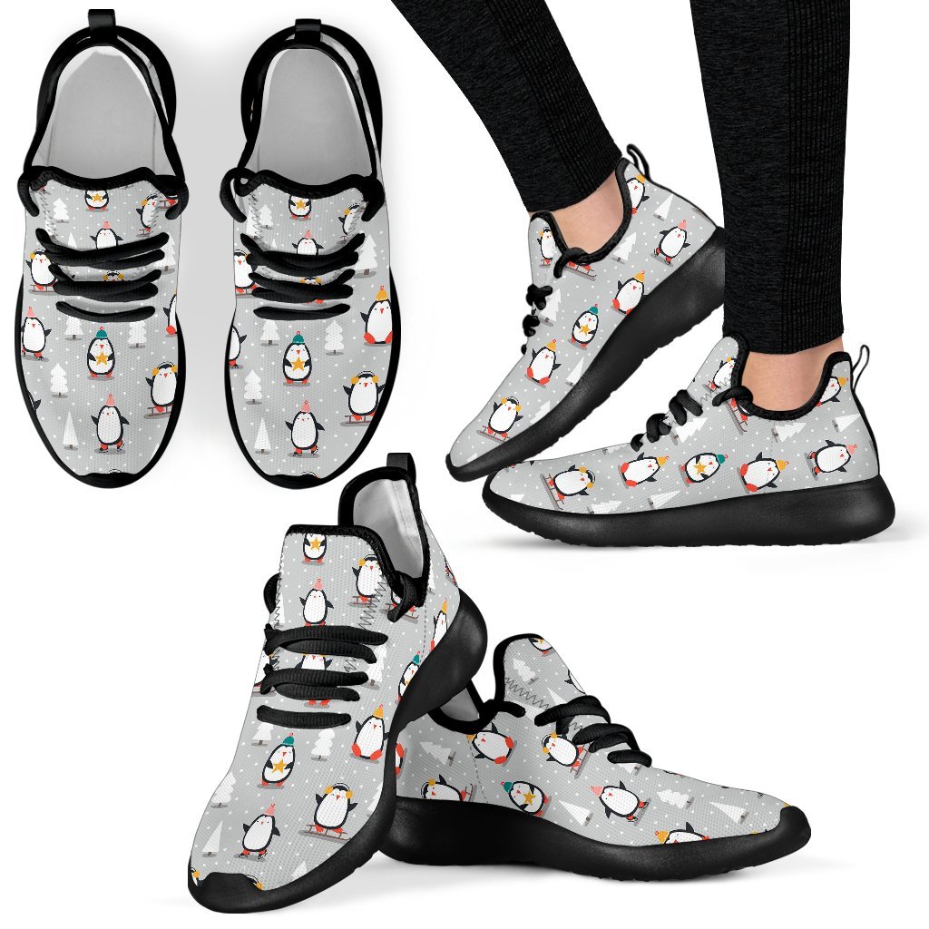 Christmas Tree Penguin Pattern Print Black Men Women Knit Sneaker