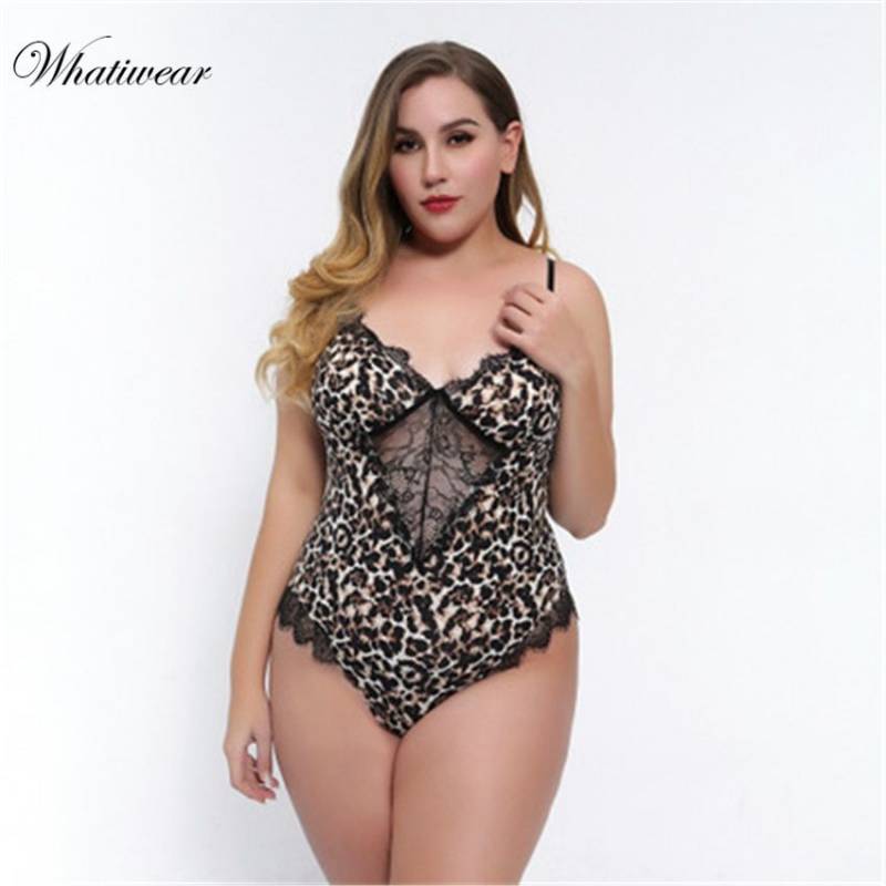 Sexy Lace Strap V-Neck Leopard Skinny Mesh Bodysuit