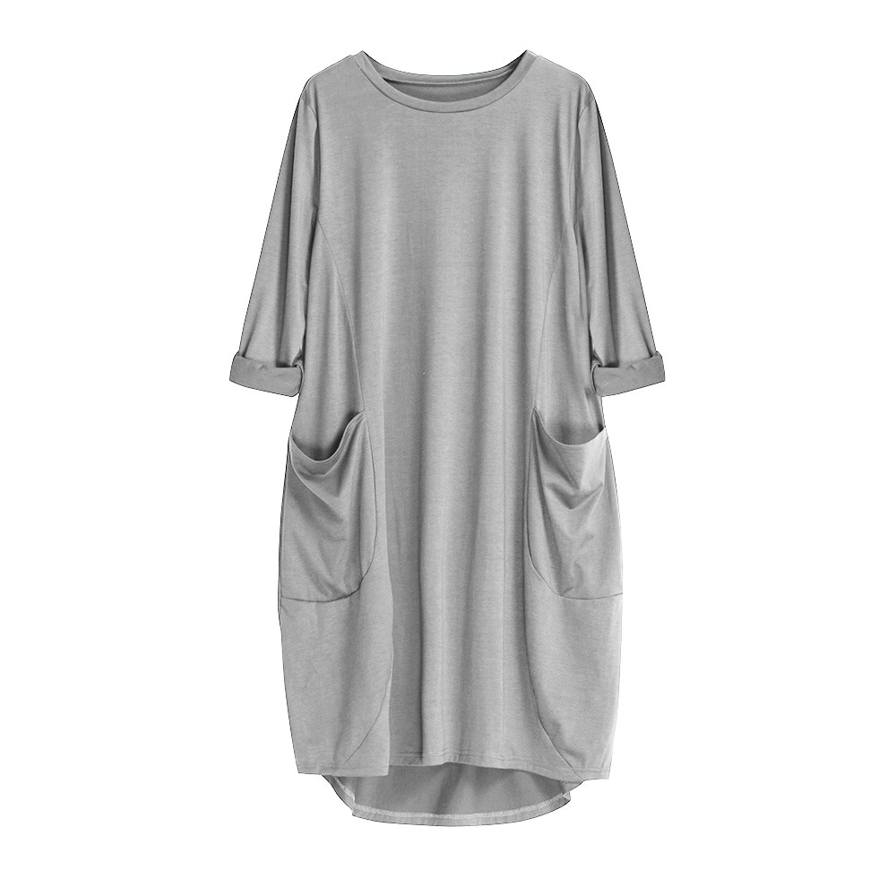 Womens Pocket Loose Dress Ladies Neck Casual Long Tops Dress Plus Size Gray Dress Women Dresses with Shorts alx