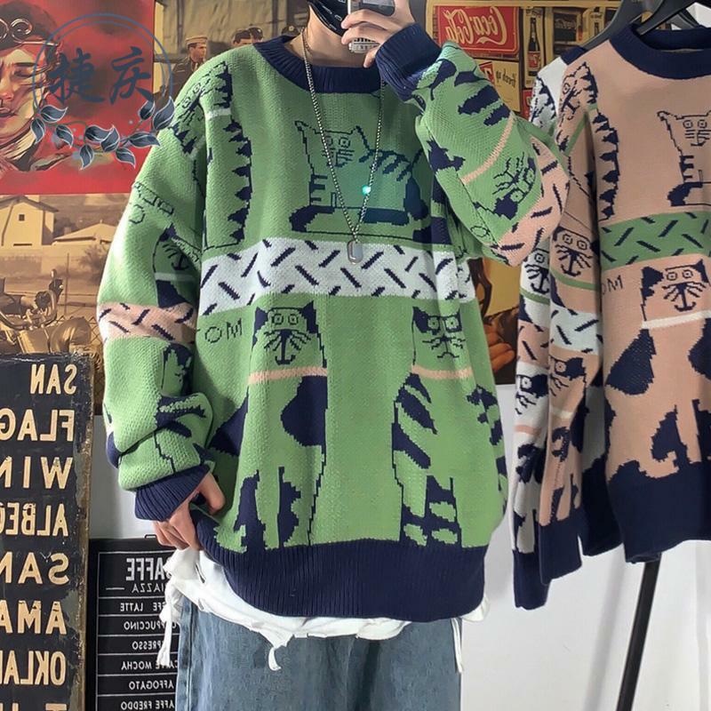 2021 Harajuku Knitted Sweater Men Clothing Winter Pullover Men Sweater Fashion Harajuku Clothes Hip Hop Warm Cartoon Cat Tops alx