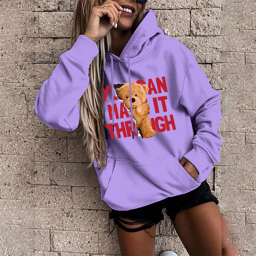 Women’s Hoodies Cute Bear Print Long Sleeve Loose Big Pocket Sweatshirt Female Casual Pullover Fashion Ladies Sports Clothing alx