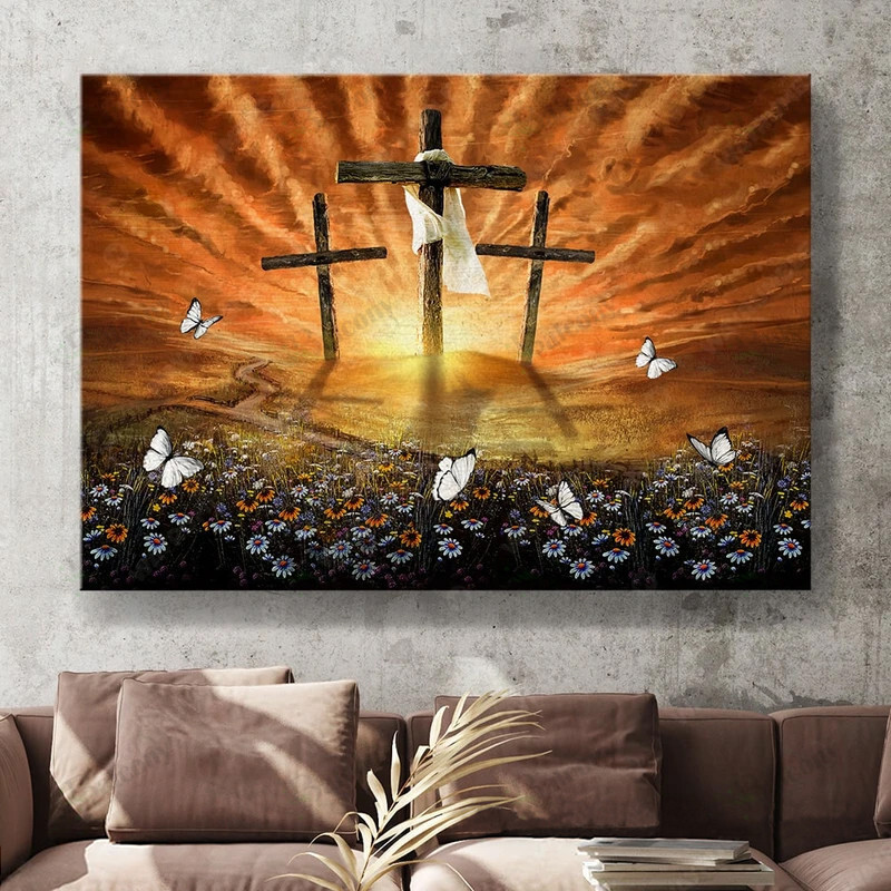 Jesus – Wooden Cross, Infinite Halo, Flower Drawing, White Butterfly Canvas And Poster 171