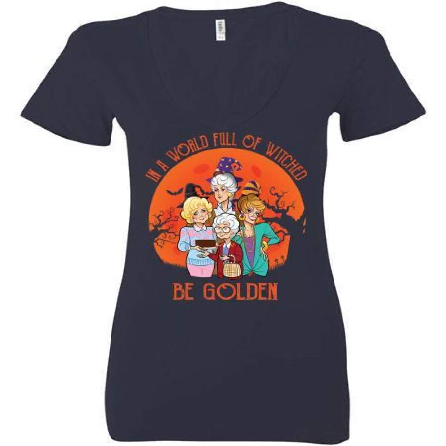 In A World Full Of Witches Be Golden Halloween Vintage Ladies Deep V-Neck