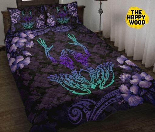 Frog Tribal Flower Style Purple Quilt Bed Set And Pillow Covers