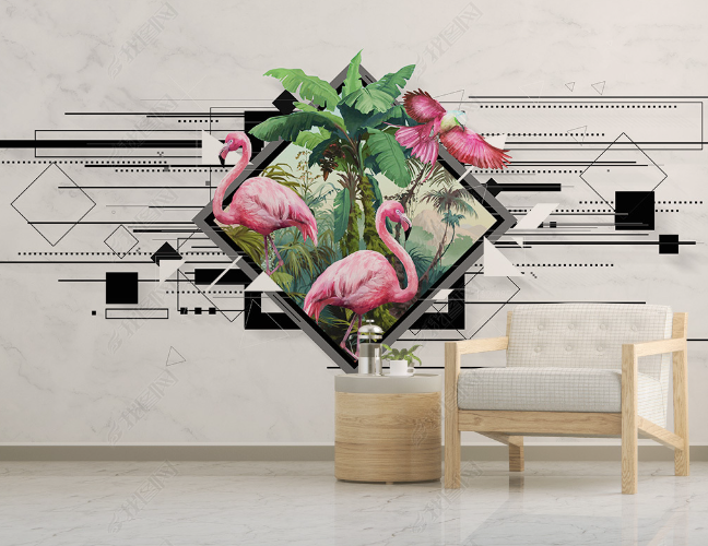 3D Abstract Geometric Flamingo Animal Wall Mural Wallpaper Lqh 245