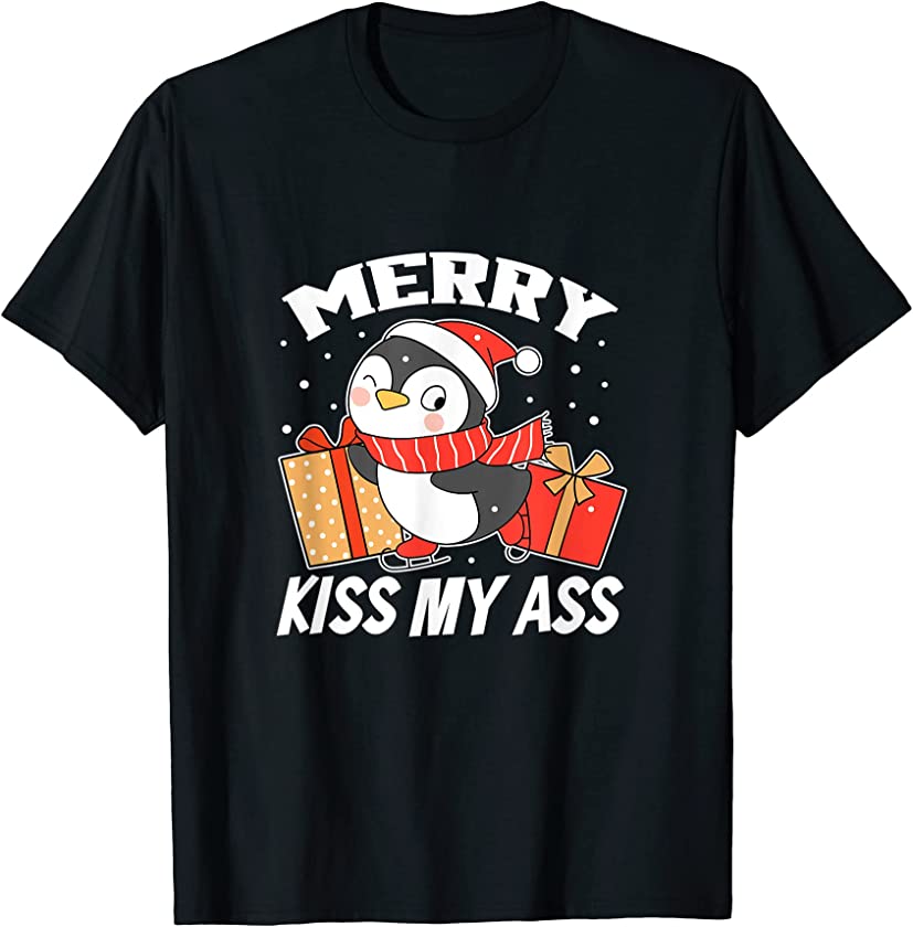 Penguin Christmas Santa Hat Merry Kiss My Ass T-Shirt